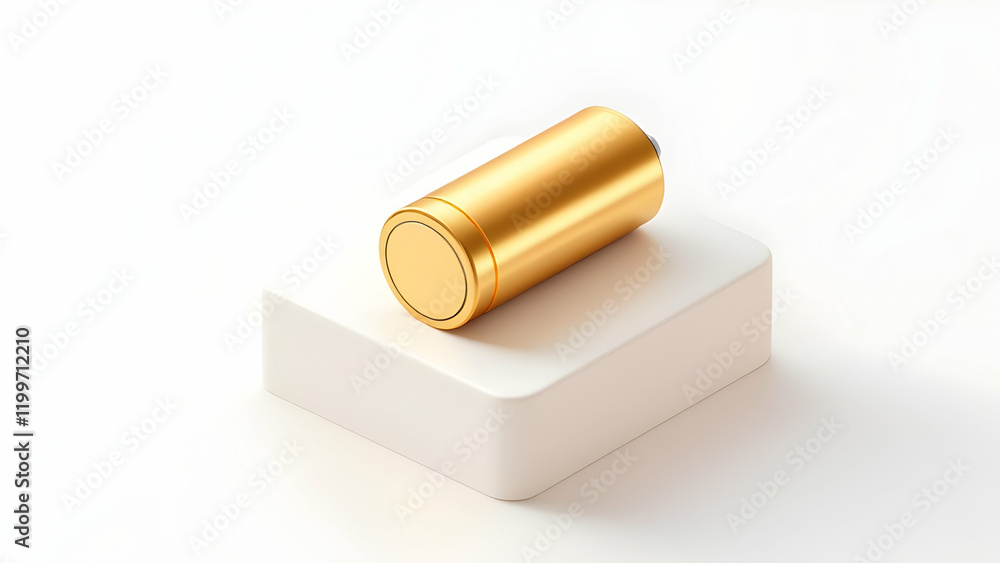 A gold cylindrical battery rests on a small, offwhite cube against a stark white background. The image is clean, modern, and showcases the batterys design. A gold cylindrical battery rests on a small, offwhite cube against a stark white background. The image is clean, modern, and showcases the batterys design.
