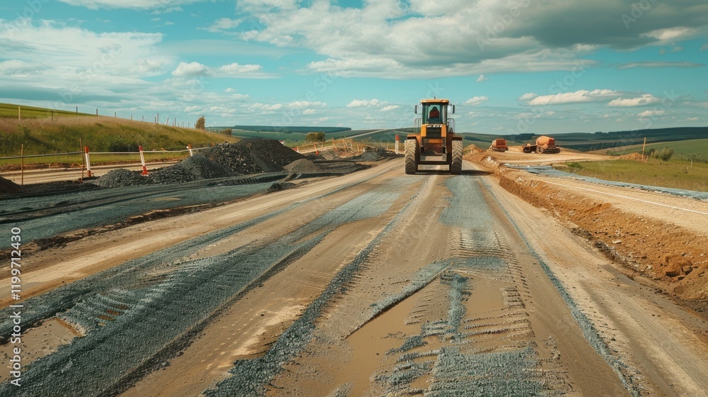Fototapeta premium Bulldozer grading highway, rural landscape, construction