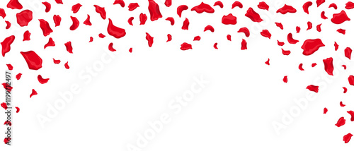 A vibrant vector of red rose petals falling gracefully through the air, symbolizing romance, love, and elegance, perfect for wedding and holiday designs.
