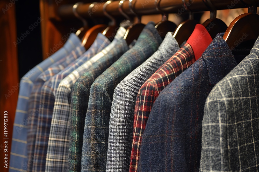 Obraz premium Variety of Men's Jackets on Hangers in a Clothing Store