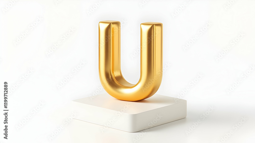 A 3D rendering of a capital letter U, gold, metallic, shiny, sits atop a small, offwhite cube against a stark white background. The letter is elegantly crafted, reflecting light. A 3D rendering of a capital letter U, gold, metallic, shiny, sits atop a small, offwhite cube against a stark white background. The letter is elegantly crafted, reflecting light.