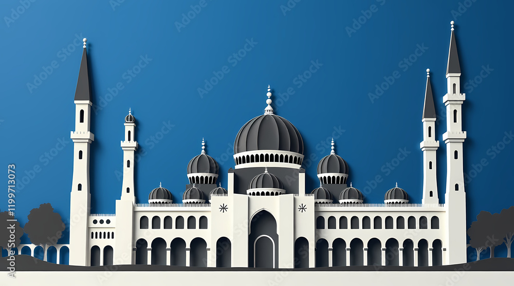 Fototapeta premium 3d illustration of mosque on blue background. 3d rendering. Modern mosque art with layered towers and contrasting deep blue background