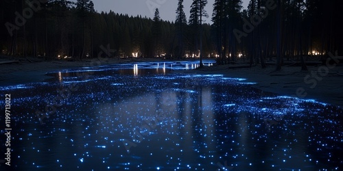 Magical Night Scene Bioluminescent Water Glowing in Dark Forest River photo