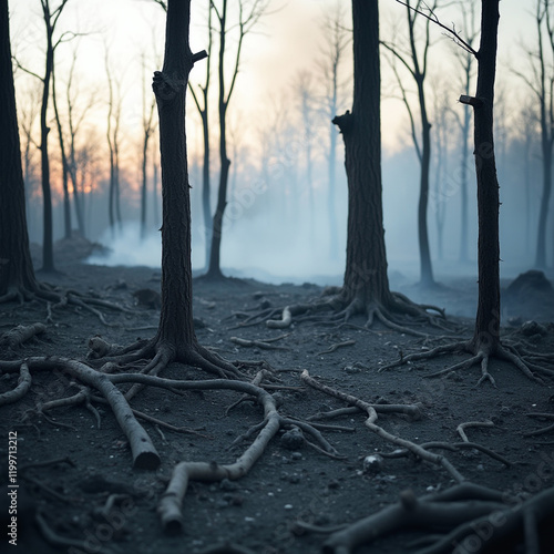 A haunting depiction of the aftermath of a devastating forest fire. The barren, lifeless landscape serves as a stark reminder of nature's fragility and the destructive power of wildfires.