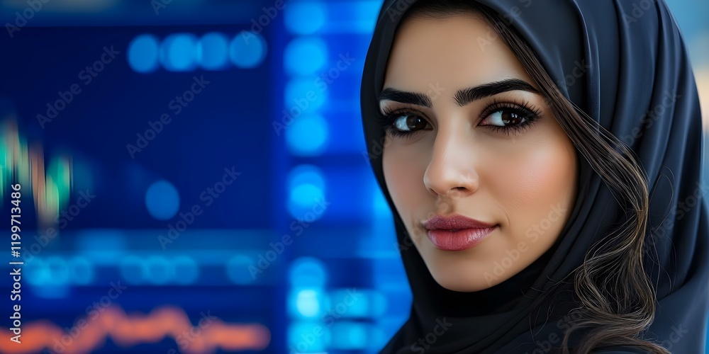 A woman wearing a hijab stands in front of a digital screen displaying financial graphs and data. Concept Financial Empowerment, Women in Business, Digital Analytics, Diversity in Finance A woman wearing a hijab stands in front of a digital screen displaying financial graphs and data. Concept Financial Empowerment, Women in Business, Digital Analytics, Diversity in Finance