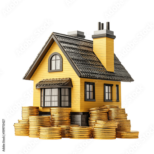 Yellow House with Coins for Real Estate Investment Isolated on transparent background