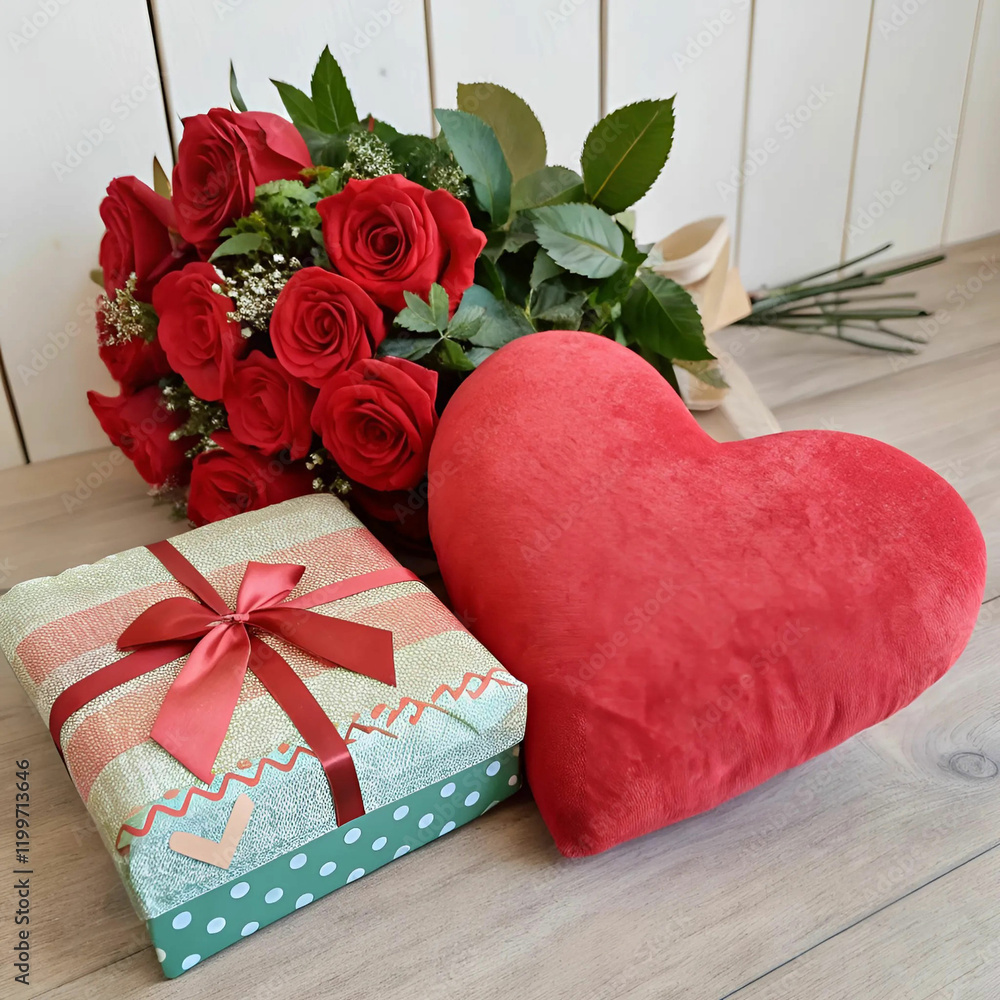 Romantic Red Roses Heart Pillow and Gift Box Display Romantic Red Roses Heart Pillow and Gift Box Display