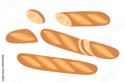 Traditional French Baguette, set of Sliced Baguette in Different Ways