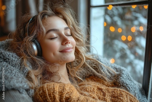 A joyful woman relaxes on the couch, enjoying music through her headphones.