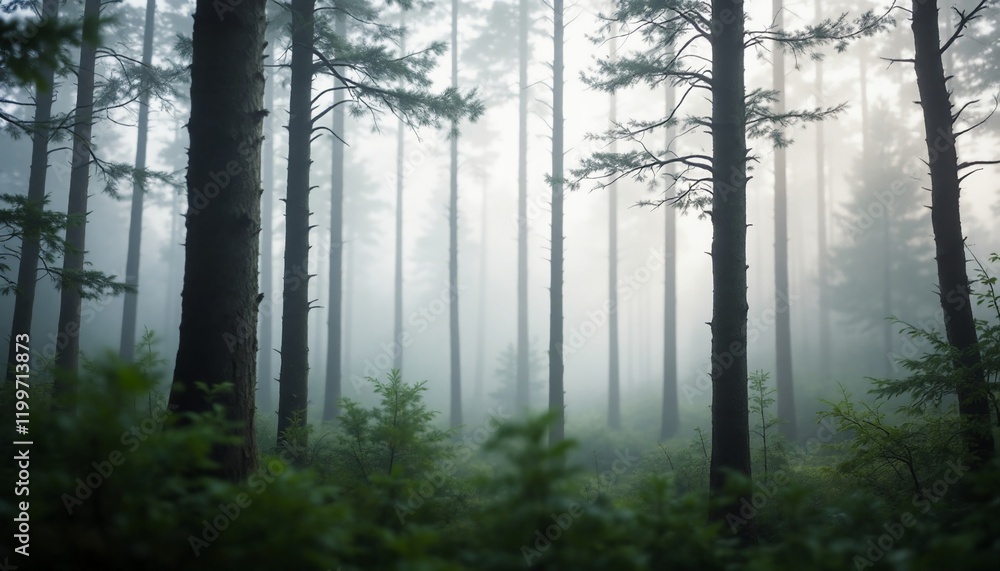 Misty Forest with Tall Pine Trees in Morning Light Misty Forest with Tall Pine Trees in Morning Light