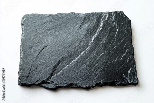 A piece of dark gray slate rock, is isolated against a white background.