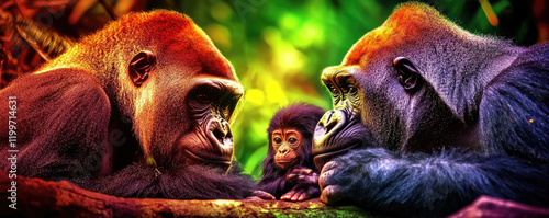 animal habitat animal rights Concept Three gorillas interact with a baby gorilla in a vibrant, lush jungle setting.