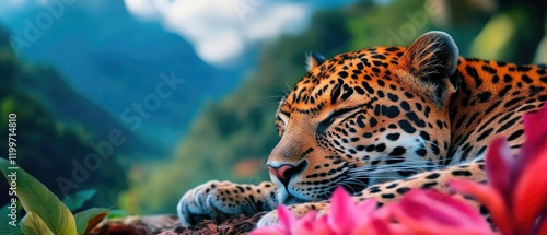 animal habitat animal rights Concept A resting jaguar surrounded by vibrant flowers and lush greenery in a tropical setting.