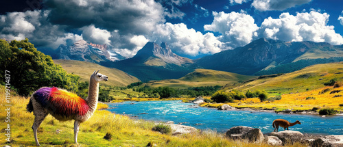 animal habitat animal rights Concept A colorful llama stands near a river in a vibrant landscape with mountains and clouds.