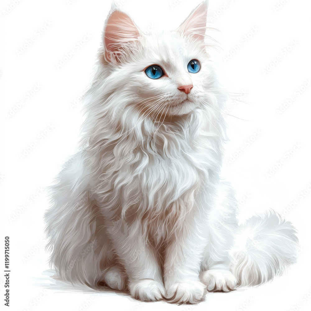 Fototapeta premium Fluffy white cat with striking blue eyes, sitting gracefully and alert