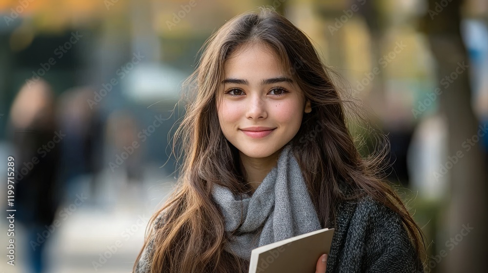 Obraz premium Cheerful Female Student Smiling Outdoors