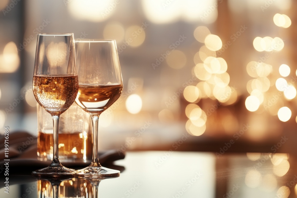 Elegant setting with sparkling drinks against a soft bokeh background during a joyful evening event Elegant setting with sparkling drinks against a soft bokeh background during a joyful evening event