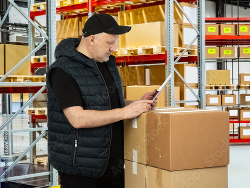 Man in warehouse with boxes...
