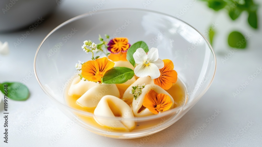 Elegant Dessert with Edible Flowers and Fresh Fruits Elegant Dessert with Edible Flowers and Fresh Fruits