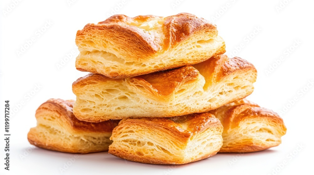 Freshly Baked Flaky Pastry Stacked on White Background Freshly Baked Flaky Pastry Stacked on White Background