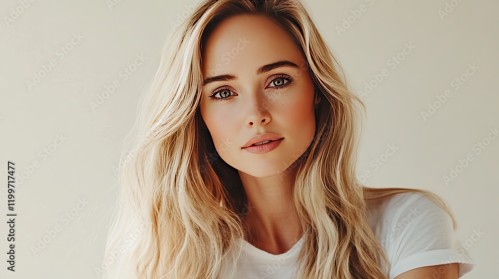 Fototapeta premium Beautiful blonde woman with bright eyes in white t-shirt promoting dental clinic. Smile and oral health advertisement with light background, dental care concept.