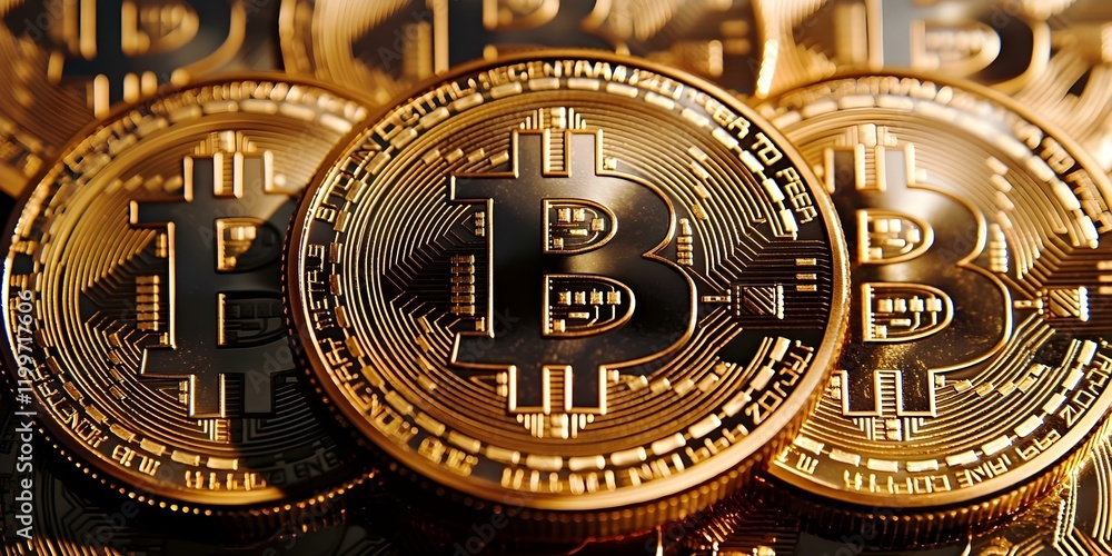 A close-up of multiple physical Bitcoin coins stacked together, showcasing their detailed design and shiny gold appearance. Concept Bitcoin Coins Close-up, Detailed Coin Design A close-up of multiple physical Bitcoin coins stacked together, showcasing their detailed design and shiny gold appearance. Concept Bitcoin Coins Close-up, Detailed Coin Design