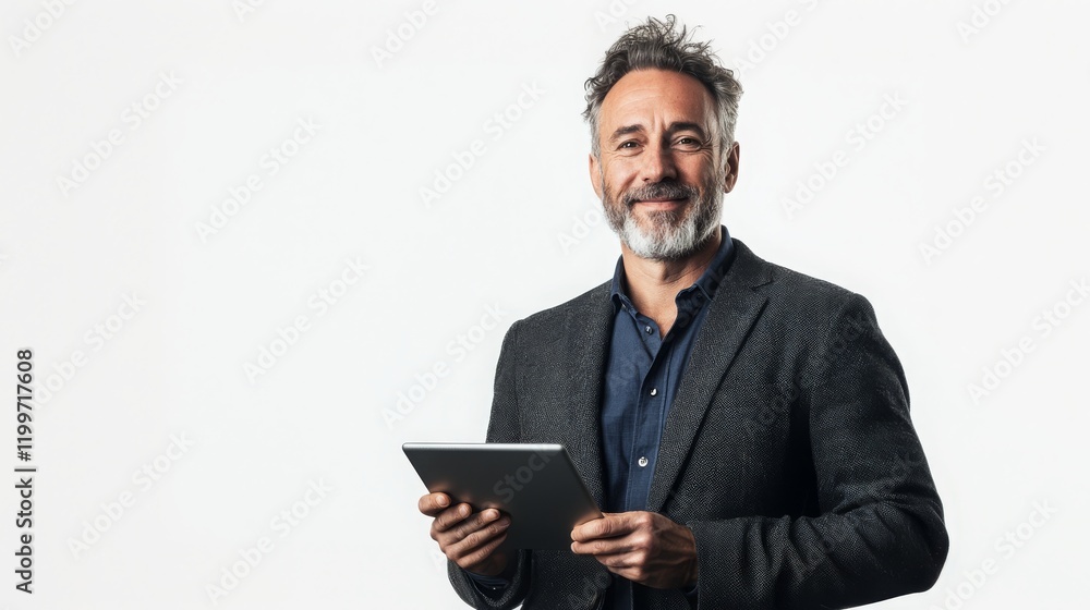 Friendly Man in Formal Attire Holding Tablet Friendly Man in Formal Attire Holding Tablet