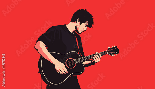 Young man playing acoustic guitar in a focused pose against a vibrant red background