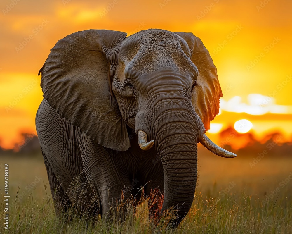 Fototapeta premium Majestic African elephant at sunset in savanna.