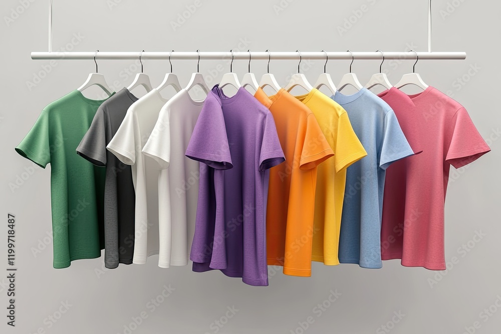 Group of Assorted Tshirts Hanging on White Hangers Clothing Rack Template Mock Up Group of Assorted Tshirts Hanging on White Hangers Clothing Rack Template Mock Up