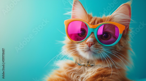 A playful ginger cat wearing colorful sunglasses on a vibrant turquoise background, animal photography, pet humor, quirky concept, modern pet portrait, cheerful theme, vibrant color palette, creative 