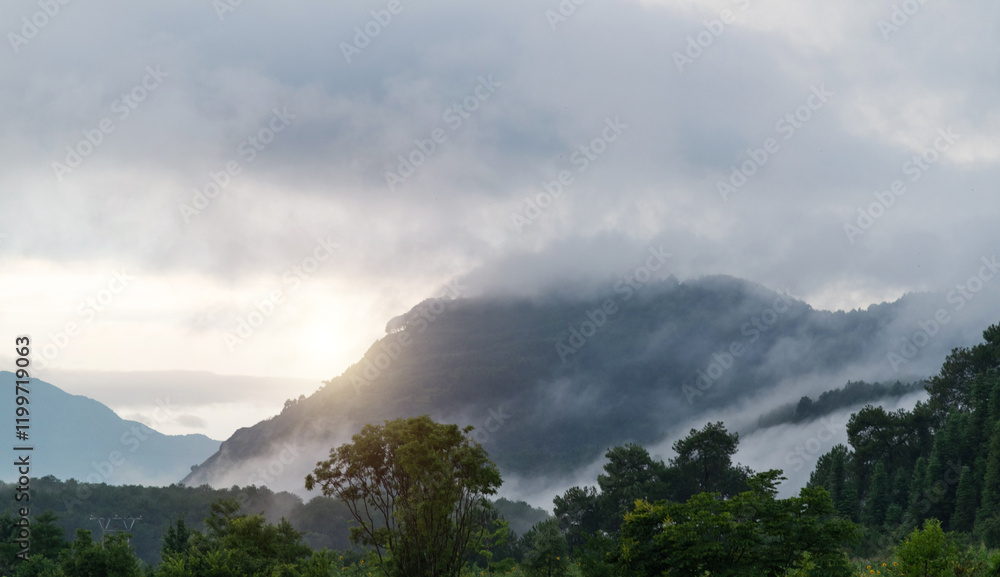 Landscape of mountain covered fog Landscape of mountain covered fog
