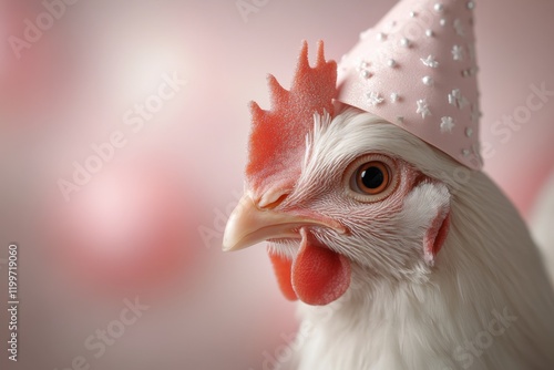 Chicken wearing a party hat celebrates a festive occasion with playful decorations in the background photo