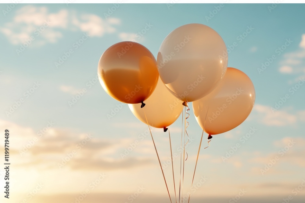 Fototapeta premium Colorful balloons floating against a bright sky during sunset, capturing a moment of joy and celebration