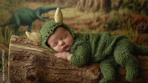 Fototapeta Naklejka Na Ścianę i Meble -  Baby sleeping in a dinosaur costume outfit.