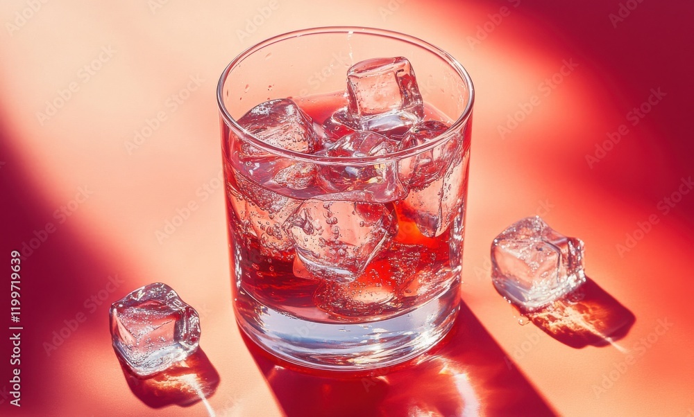 Refreshing glass of whiskey on the rocks with ice cubes glistening in sunlight and vibrant red background creating an inviting and warm atmosphere Refreshing glass of whiskey on the rocks with ice cubes glistening in sunlight and vibrant red background creating an inviting and warm atmosphere