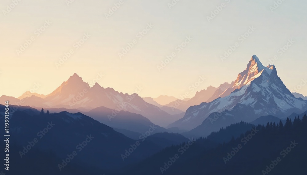 Serene Mountain Landscape at Sunrise with Layered Peaks