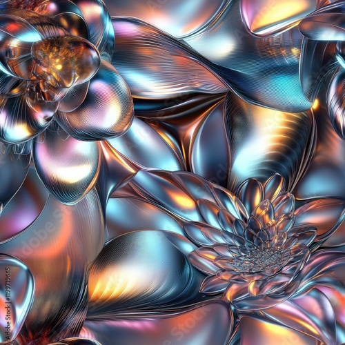 A futuristic 3D floral design with metallic petals radiating digital light streams . Seamless abstract 3d pattern background