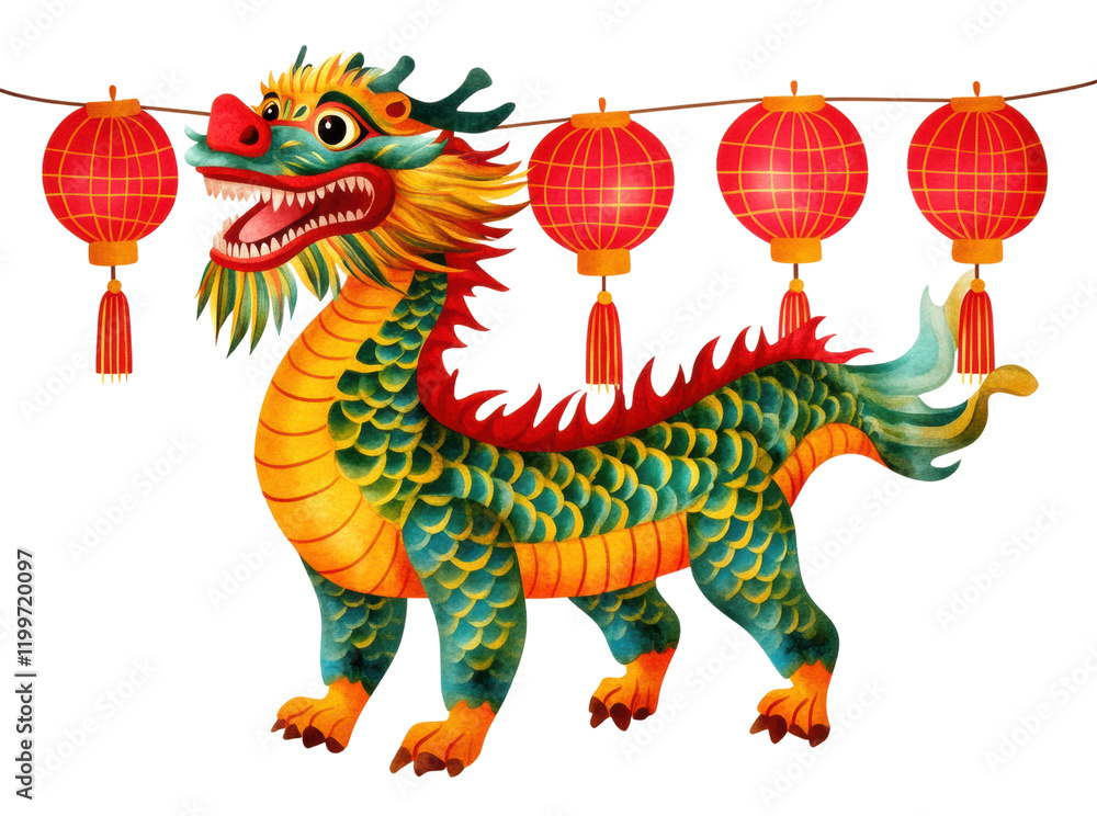 Obraz premium Vivid artwork of a traditional Chinese dragon with vibrant scales standing under a garland of glowing red lanterns.