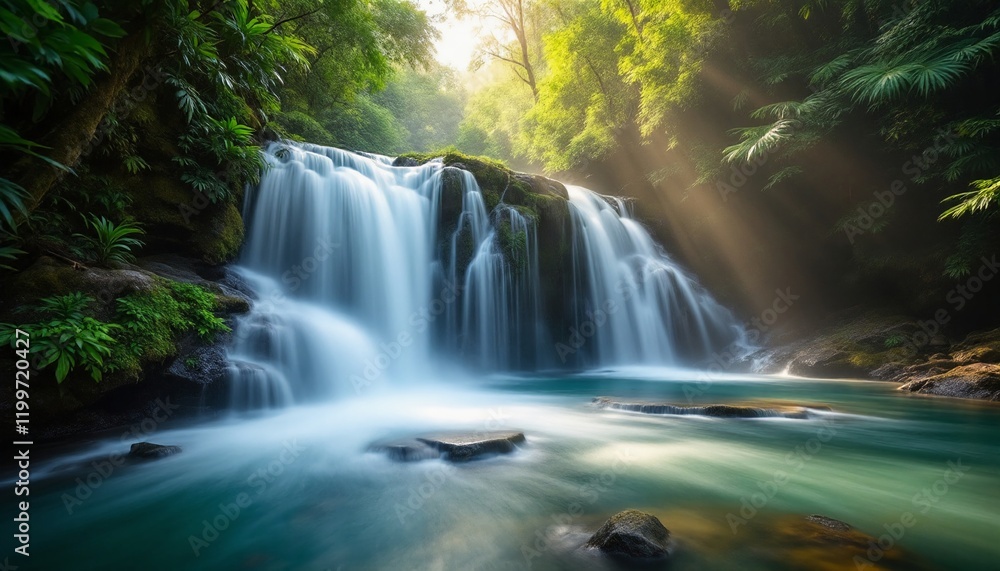 Serene Waterfall Cascading into Pool Surrounded by Lush Greenery Serene Waterfall Cascading into Pool Surrounded by Lush Greenery