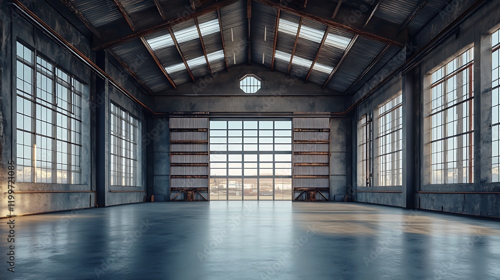 Modern wide-angle photography of spacious industrial warehouse design Modern wide-angle photography of spacious industrial warehouse design