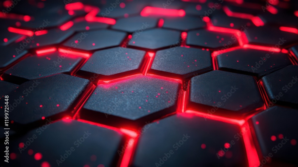 A close-up view of a hexagonal pattern illuminated by a vibrant red glow, creating a striking contrast against the dark background. A close-up view of a hexagonal pattern illuminated by a vibrant red glow, creating a striking contrast against the dark background.