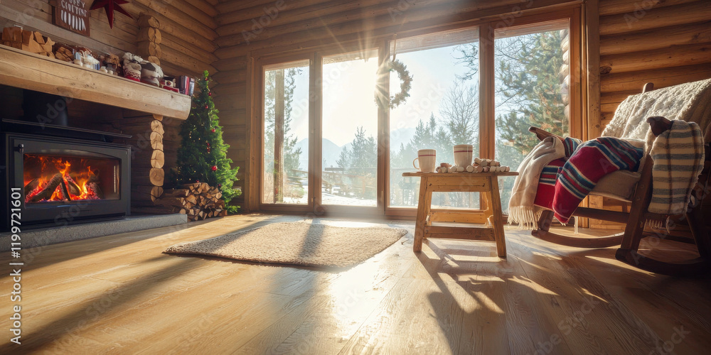 rustic cabin interior glowing with roaring fire, cozy atmosphere, and natural light rustic cabin interior glowing with roaring fire, cozy atmosphere, and natural light