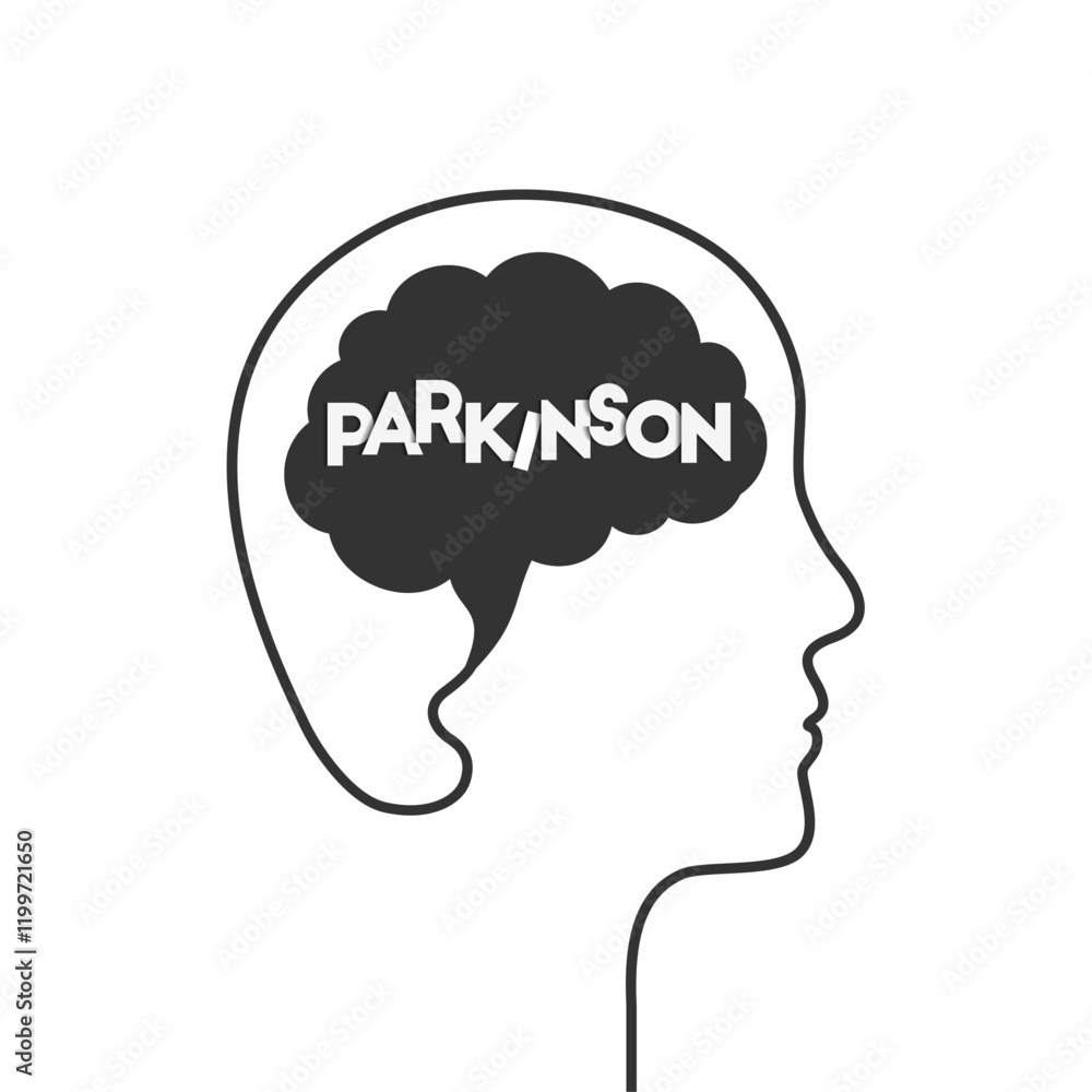 Parkinson's disease concept with word, brain and head silhouette, face and profile outline of a person Parkinson's disease concept with word, brain and head silhouette, face and profile outline of a person