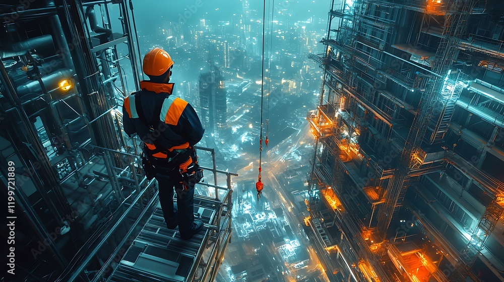 Construction worker overlooking city skyline urban environment night view Construction worker overlooking city skyline urban environment night view