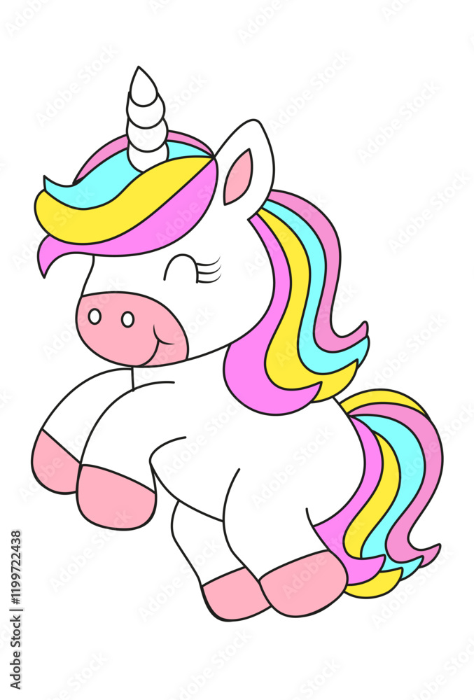 Naklejka premium Cute White Unicorn with rainbow hair vector illustration for children design. Sweet fantasy character for t-shirts and cards. Rainbow and love