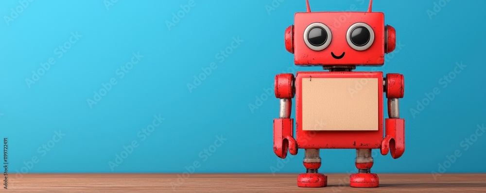 Cute Red Robot Character with Friendly Face on a Wooden Table Cute Red Robot Character with Friendly Face on a Wooden Table