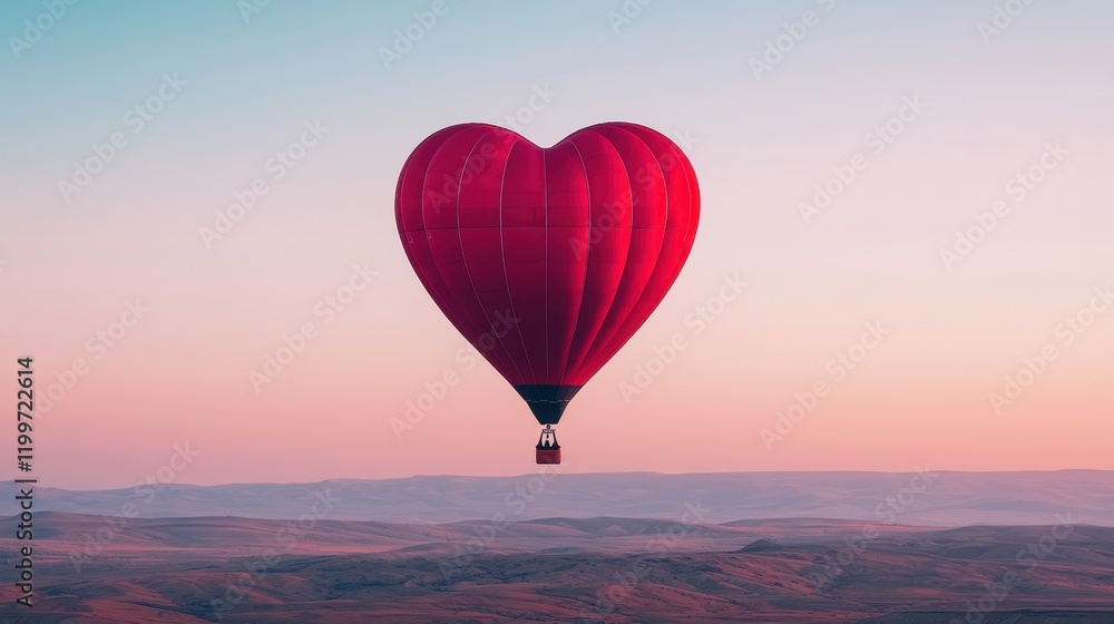 Obraz premium Heart Shaped Hot Air Balloon Floating Above Scenic Landscape at Sunrise