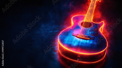 A guitar with neon glow effect on a dark background representing the concept like rock and night club party, musical banner concept with copy space for text, logo, ad	