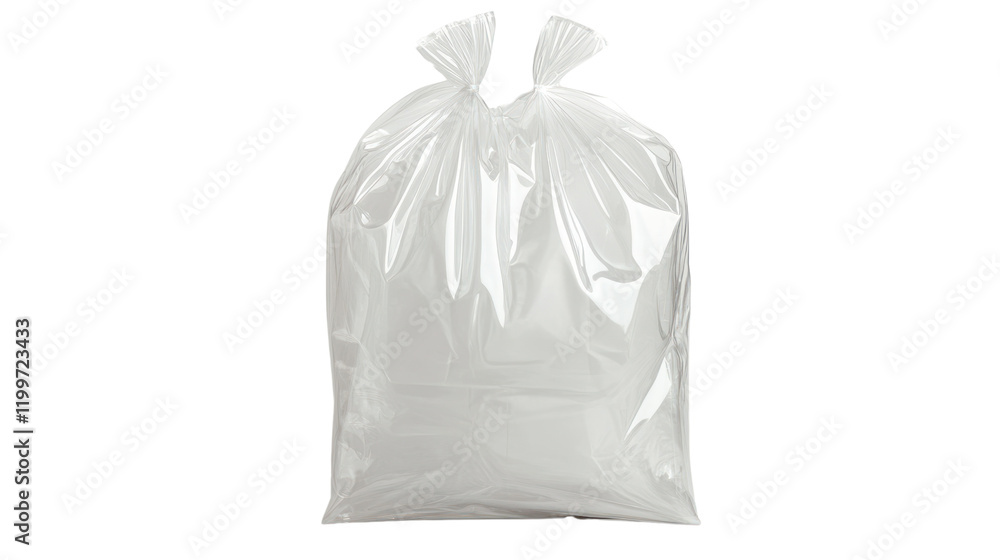 A white plastic garbage bag, filled and tied, isolated on a white background, ideal for waste disposal and recycling concepts. A white plastic garbage bag, filled and tied, isolated on a white background, ideal for waste disposal and recycling concepts.